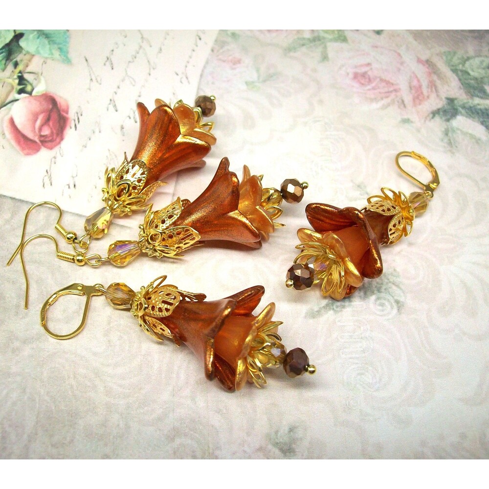 Boho Flower Earrings Vintage Style, Gold, Hand Painted, Artisan Crafted Floral J